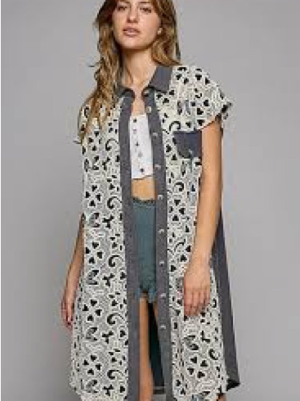 NWOT POL Swept Away Crochet Overlay Button Front Short Sleeve Shirt Dress | Med